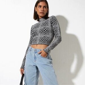 Motel Laria Long  Sleeve Top In Optic Monochrome Square Black & White Size XS